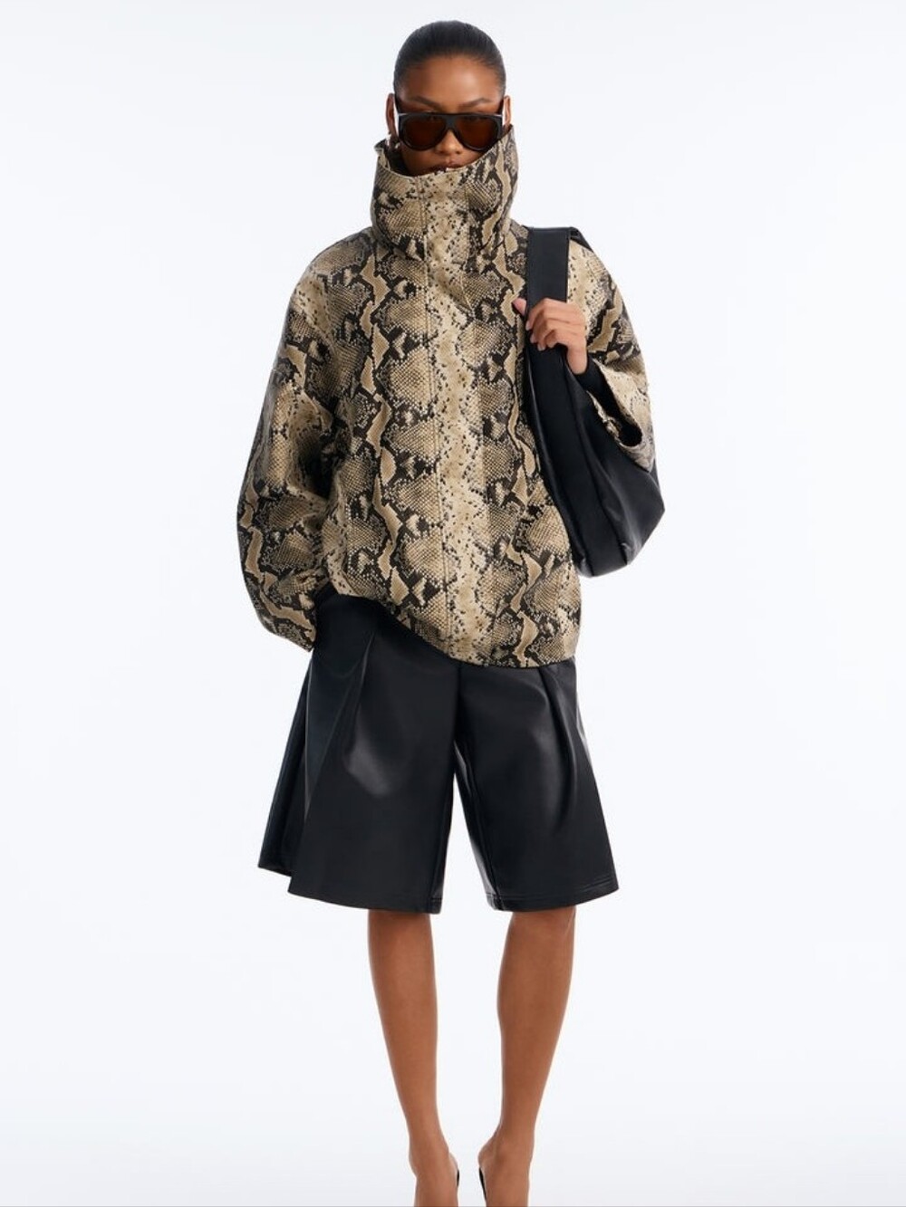 Under The Radar Faux Leather Funnel Neck Coat